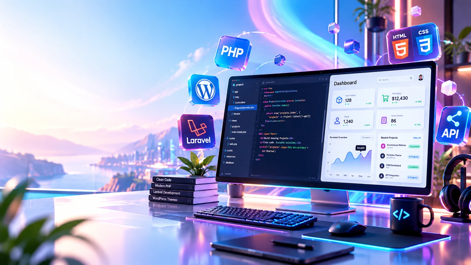 Không gian lập trình viên hiện đại với PHP, Laravel, WordPress, code và dashboard S2NDCODE.VN